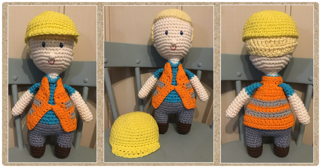 3 pictures of a construction worker doll. Light skin and short blonde hair.