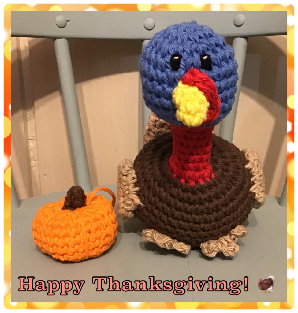 Pumpkin and turkey stuffies with text "happy thanksgiving"