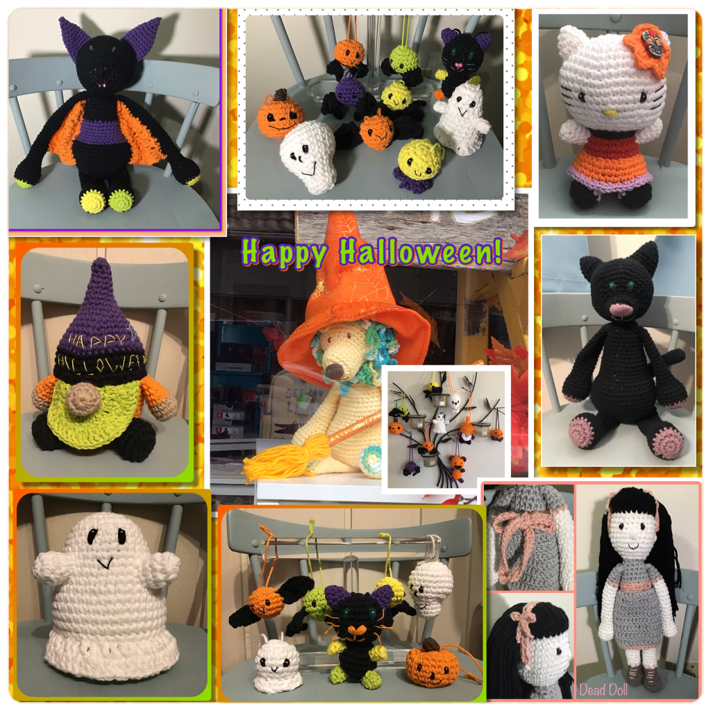 Halloween themed stuffies such as ghosts, dead doll, black cat, and bats in a picture college