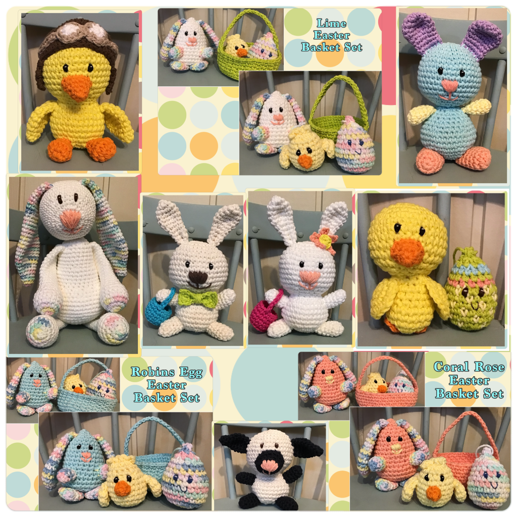 Fly ducky, eggy bunnies, rolly polly bunny, chicks, eggs, large bunny in white and pastels, Easter bunnies, baskets and a lamb. Crochet stuffies Ester college