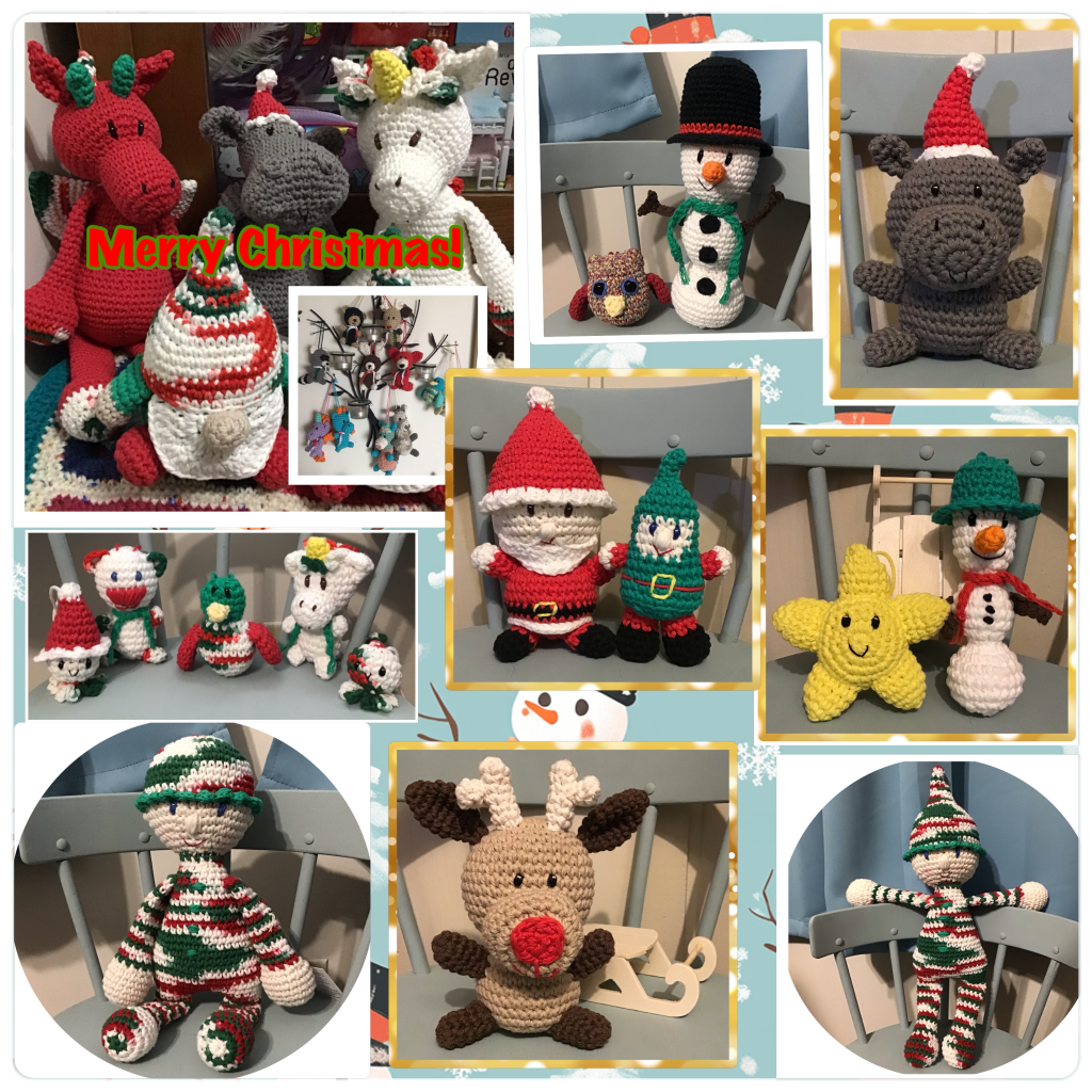 Christmas themed stuffies in a picture college such as snowman, hippo in Santa hat, Christmas stuffie decorations, star, and snowman, santa, and reindeer. And baby's first Christmas stuffie dolls